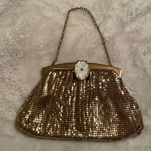 Whiting & Davis vintage gold mesh evening bag with mother of pearl clasp